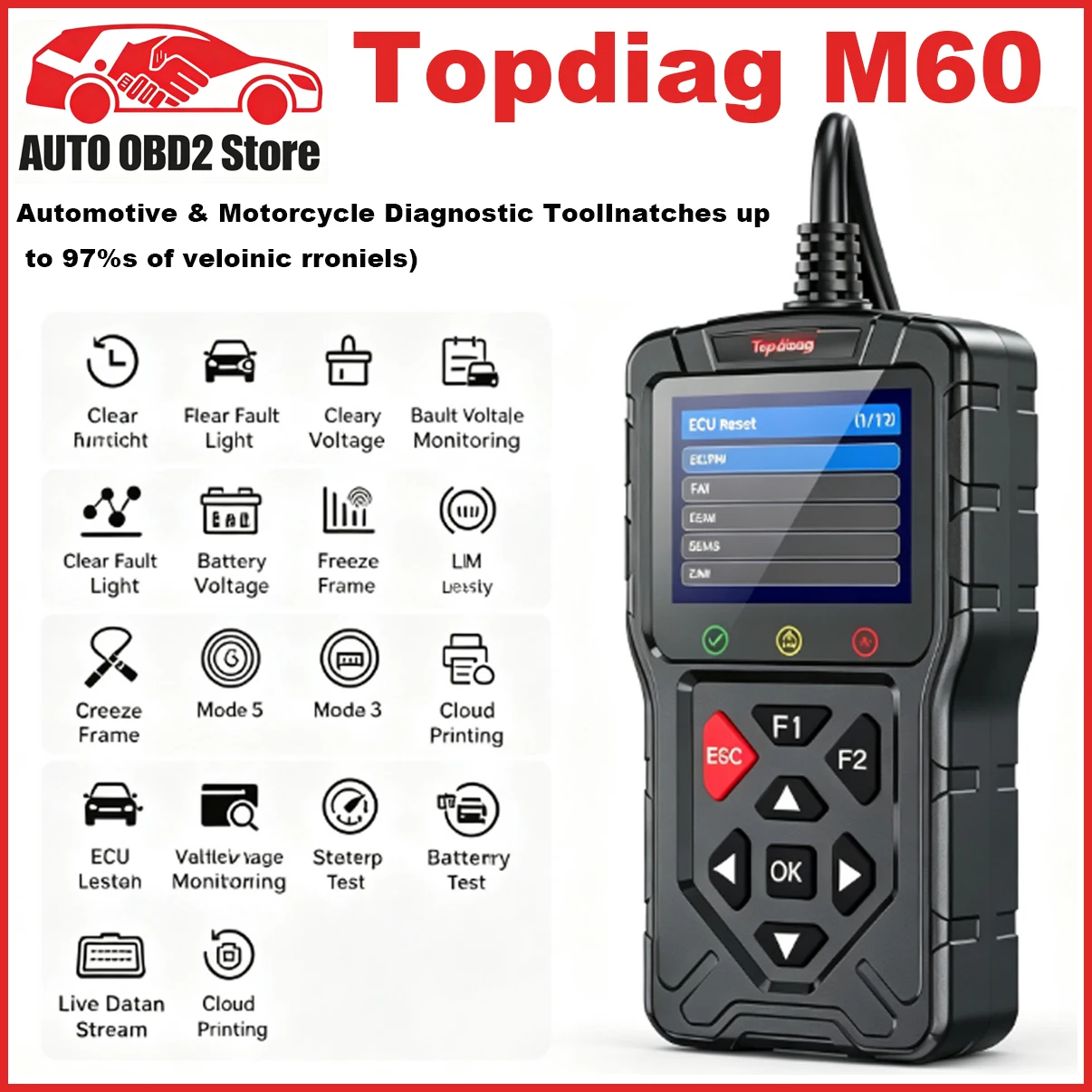 NEW Topdiag M60 OBD2 Scanner for Motorcycle and Vehicle Fault Code Read Free ECU Reset Automotive DTC Lookup Car Diagnostic Tool