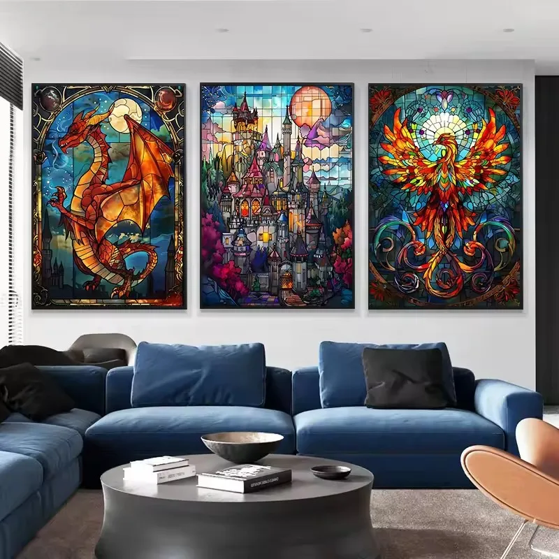 Vintage Fantasy Stained Glass Poster Print Golden Knight Skull Dragon Canvas Painting Wall Art Pictures Living Room Home Decor