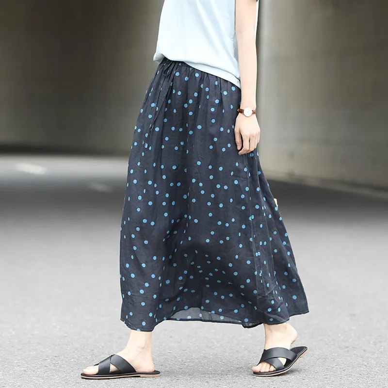 2024 Spring Summer New Arts Style Women Elastic Waist Vintage Dot Print Loose A-line Skirt All-matched Casual Long Skirt