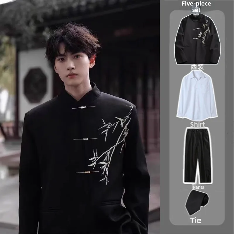 

Новый китайский мужской костюм с вышивкой из бамбука, воротником-стойкой, высококачественный костюм Тан, пальто Чжунган, модная повседневная одежда