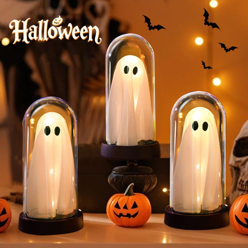 

Halloween Mini Ghost Figurines Light Cordless Light Up Ghost Ornament Lamp Warm Light Under Glass Lighted Ghost for Home Decor