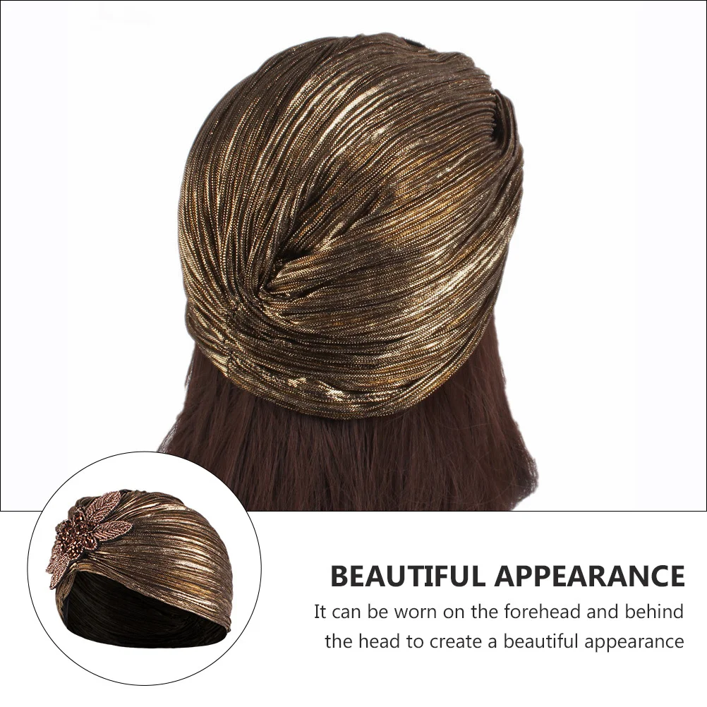 

1Pcs Women Turban Hat Noble Ruffled Gold Stamping Stylish Light Lightweight Fashion Hat Indoor Outdoor Head Wrap
