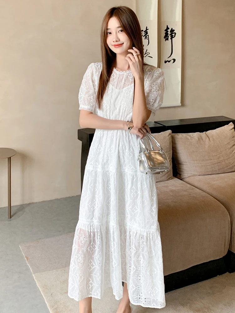 GypsyLady Floral Chic Embroidery Dresses White French Elegant Women Hollow Out Puff Sleeve Vocation Beach Sheer Ladies Dress New