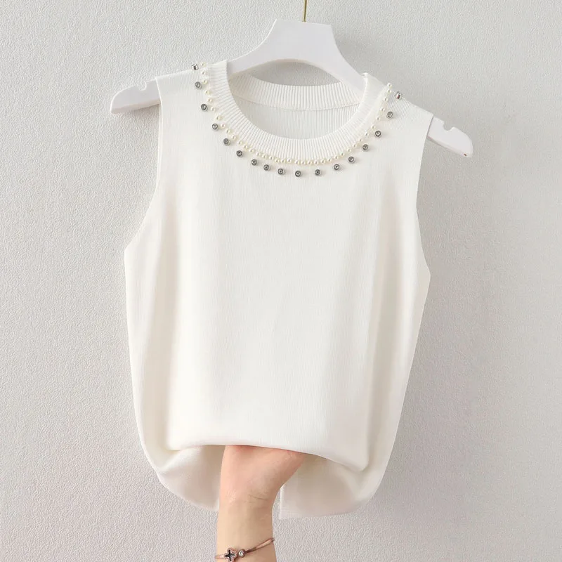 

Fashion Sleeveless Knitted Sweater Women Pullovers O-Neck Beading Knit Sweater Pullover Women Tops Sweaters Women Clothing Q3400