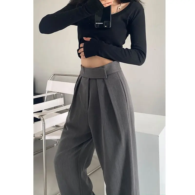 2022 Autumn New Light Luxury Fashion Gray Suit Pants Women Sexy All-match Casual Loose Straight Boutique Clothing Simple Style