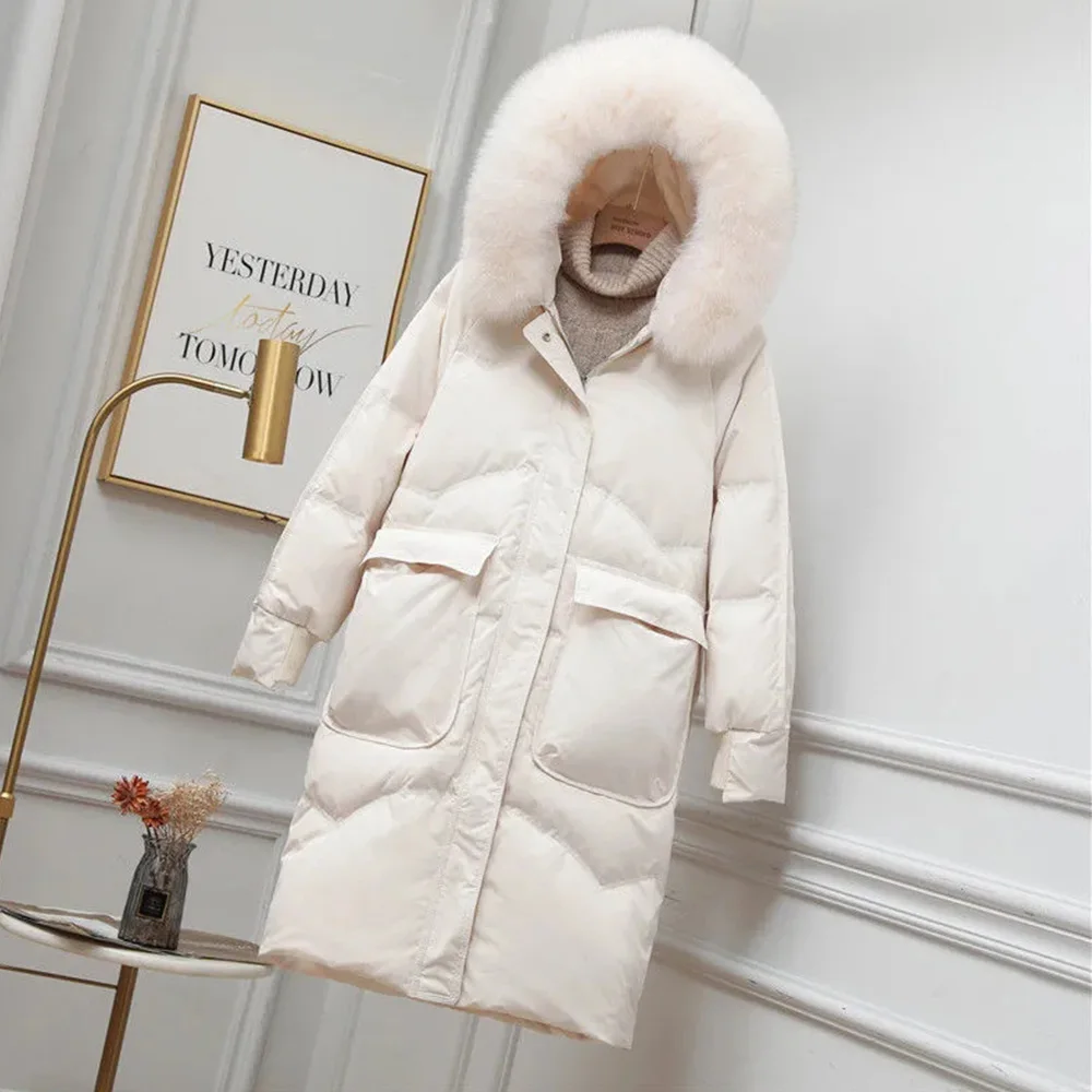 New Female Down Jackets Winter New White Duck Down Large Size Long Hat Big Fur Collar Thickened High-Grade Warm Coats Women