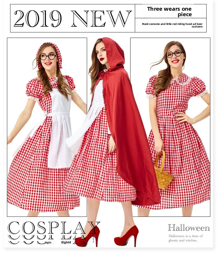 

French Farm Costume Red White Plaid Lace Oktoberfest Costume Maid Dress Halloween Costume