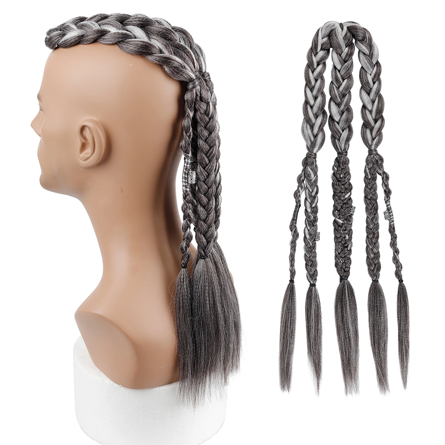 Men's Wig Viking Mohawk Cornrow Punk Biker Ponytail Synthetic Hair 5 Thick Braids With Metal Rings For Cosplay Daily Rugged look