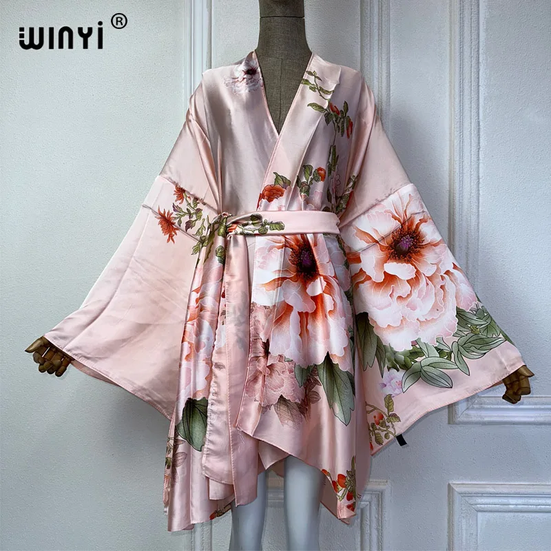 2024 WINYI Europe kimono with belt Cardigan kaftan Cocktail sexy Boho cover up beach women Africa Holiday Robe beach outfits