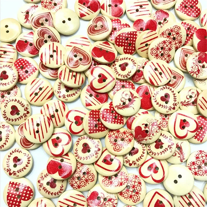 Red Heart Wooden Buttons for Handwork, Sewing Scrapbook, Clothing Crafts, Wedding, Christmas, 15mm, 20mm, 50P