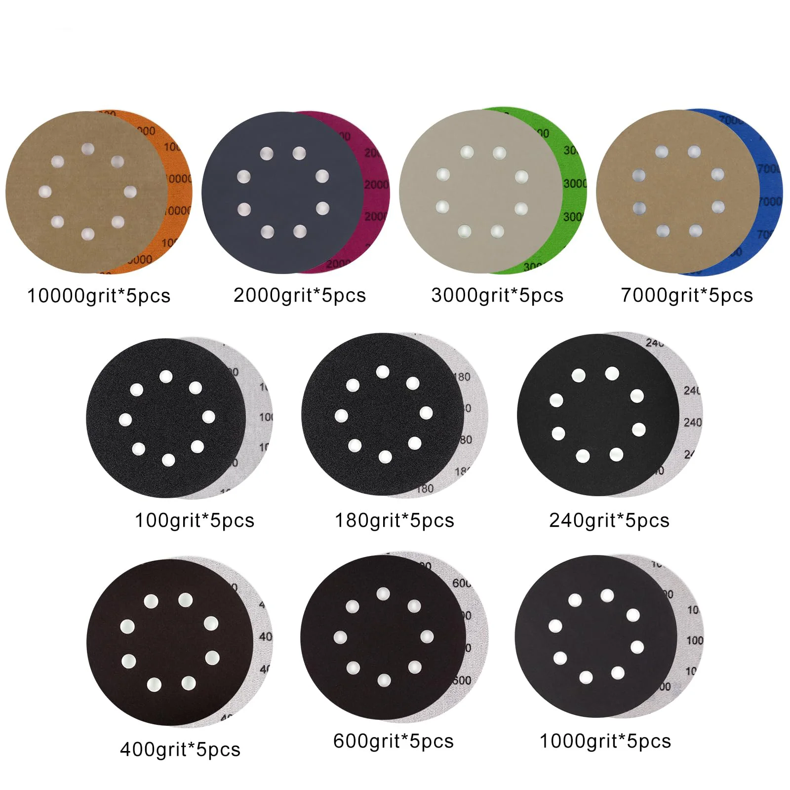 5 Inch 8 Hole Wet Dry Sanding Discs Kit 54 Pcs with M10 Backing Pad Hook & Loop Soft Foam Buffering Pad for Polishing Metal Wood