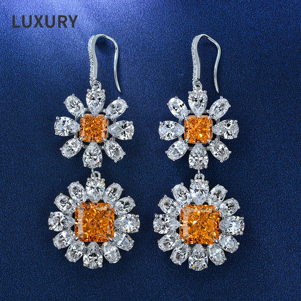 

Luxury 100%S925 Silver 10*10 mm ice flower cut 10 carat discoloration rose orange high carbon diamond Sparkling Luxury Earrings