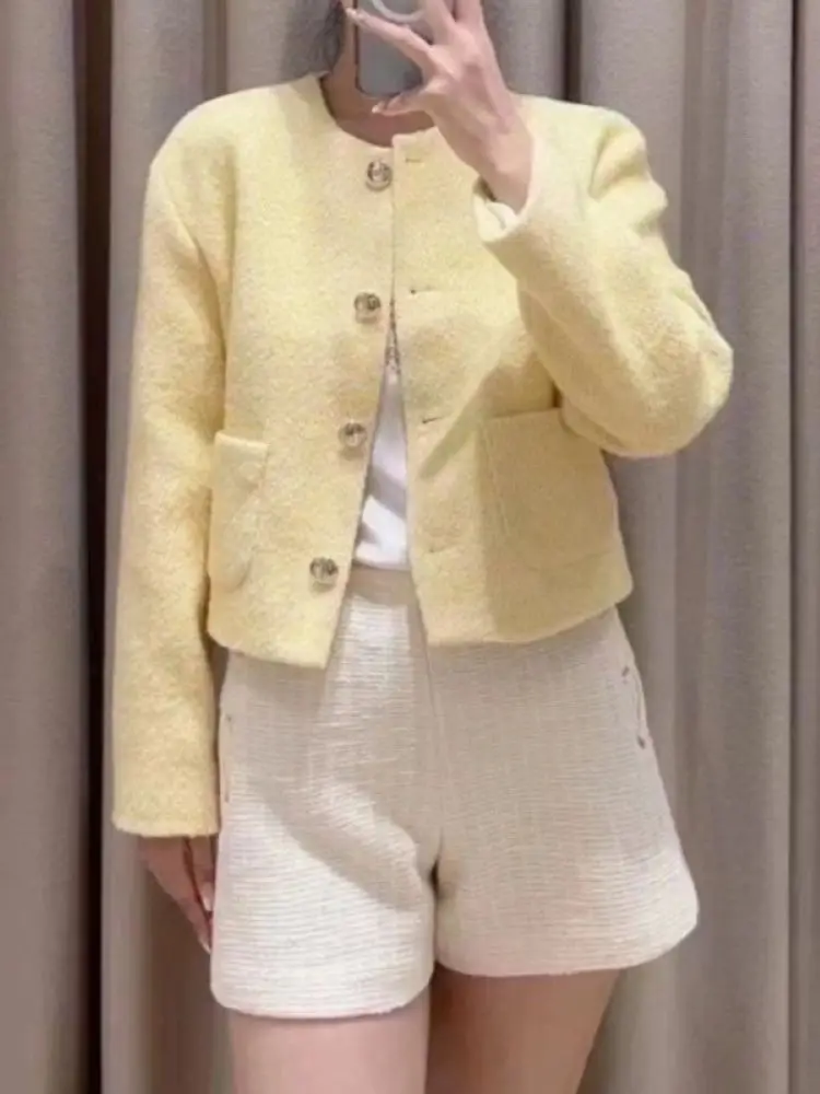 

Women Yellow Tweed Jacket Single Breasted Round Neck Long Sleeve Casual Spring 2024 Coat