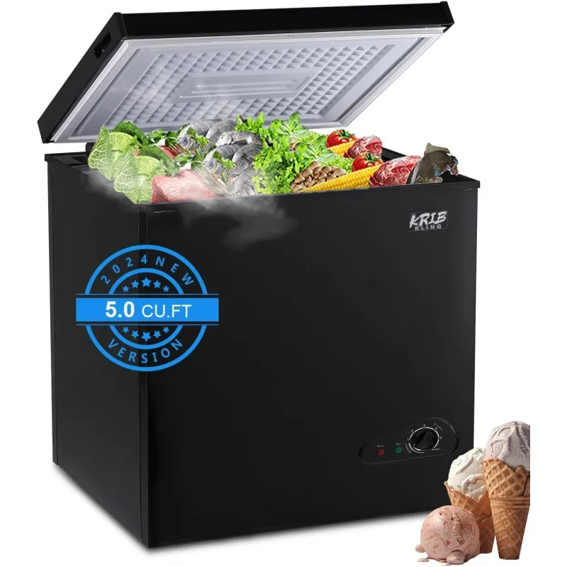 Chest Freezer KRIB BLING 5.0 cu.ft Adjustable Thermostat Compact Deep Freezer Top By Low Noise with Removable Basket Blac