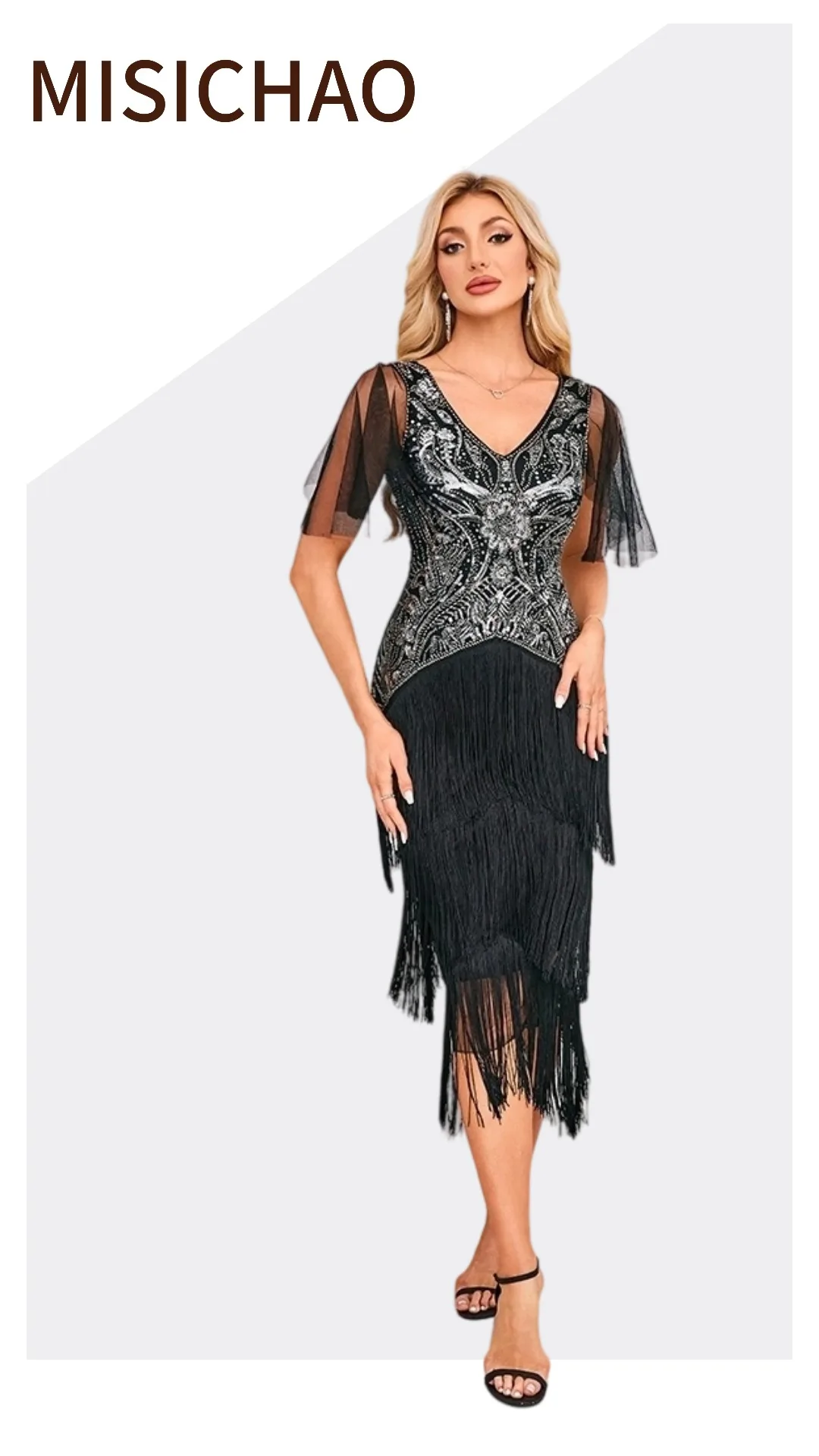 MISICHAO Vestido feminino flapper com decote em V, malha de lantejoulas e contas, manga curta, borla, franja, bainha, midi, vestido de coquetel de noite