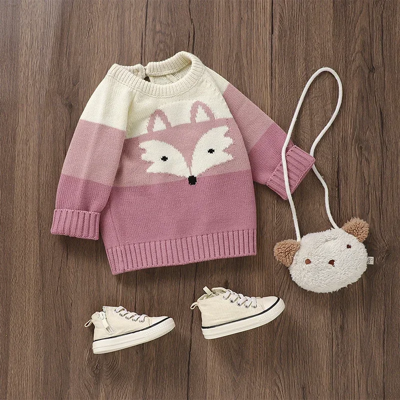 Cute Baby Knitted Sweaters Jumpers Autum Winter Little Girls Boys Clothes Long Sleeve Fox Print Pullover Tops Toddler Outerwear