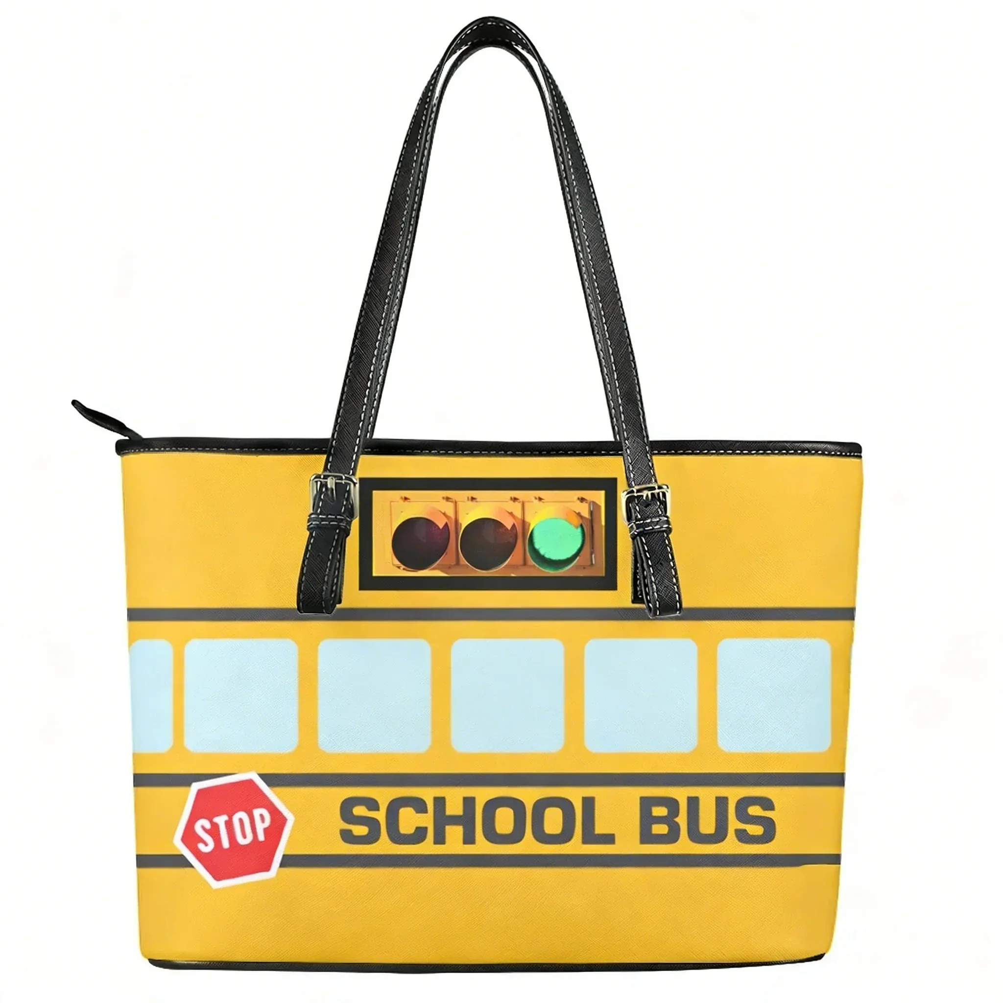 Yellow School Bus Printed Custom Handbag Womens Mens Personalized Tote Bag Shoulder Bag Business Leather Purse Travel Bag Gift