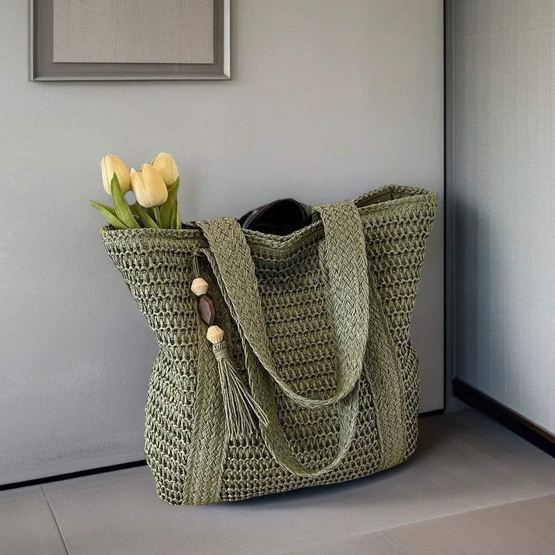 Simple Solid Color Handbag With Wide Braided Strap Literary Vacation Style Gift Bag For Daily Collocation And Daily Use