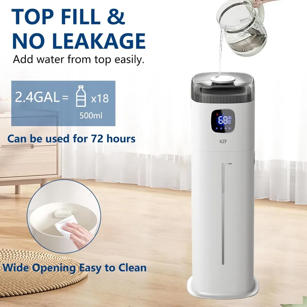 Humidificador para dormitorio, humidificador ultrasónico de niebla fría de 9 l/2,5 galones con humidistato, 360 ° Boquilla, nivel de niebla grande de 350 ml/h, Suita