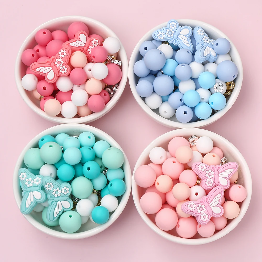 66Pcs Silicone Bead Sleeve Box Dual Color Butterfly Spacer Bead DIY Baby Pacifier Chain Material Bracelet Necklace Accessory