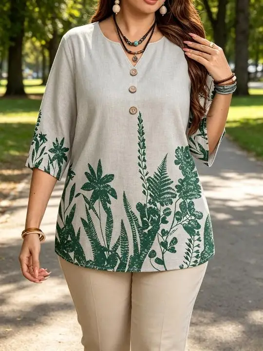 Plus Size Women Botanical Plant Silhouette Blouses Notch V Neck  Half Buttons 3/4 Sleeve Lightweight Casual Daily Tops