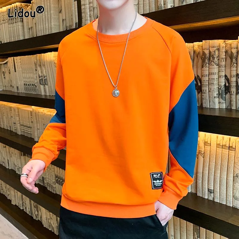 

Four Seasons Contrasting Colors Casual T-Shirts O-Neck Spliced Men's Clothing Korean 2022 New Handsome Fashion Popularity Tops