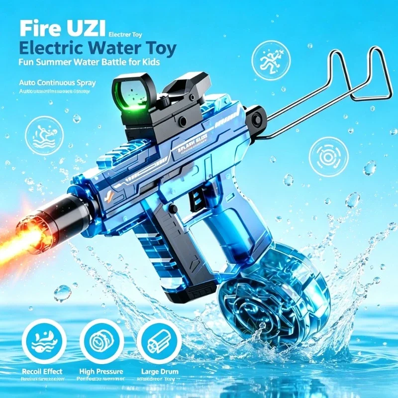 2026 Fire UZI Electric Water Blaster, Auto Continuous Water Spray with Recoil Effect Summer Water Play Toy for Kids