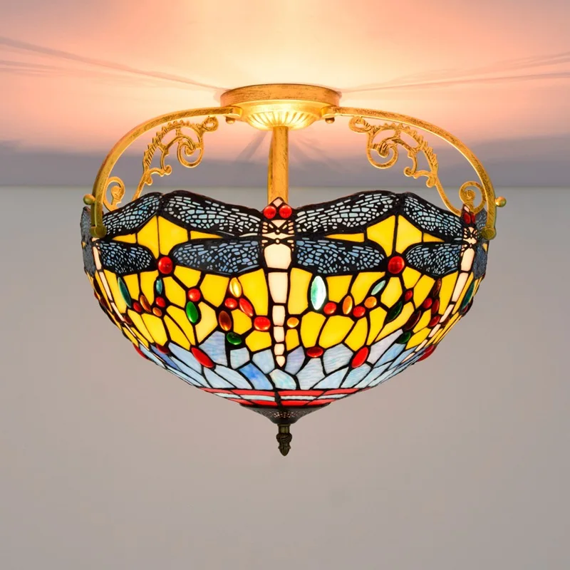 

European and American Home Decoration Retro Tiffany Mediterranean Dragonfly Ceiling Lamp Colored Glass Ceiling Lamp