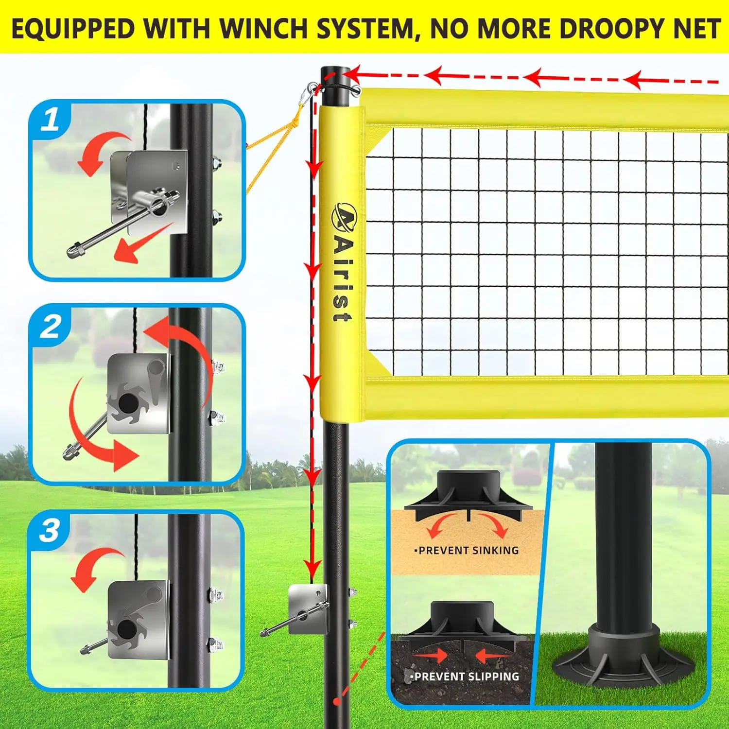 Outdoor with Steel Anti-Sag System, Adjustable Aluminum Poles, Professional Volleyball Nets Set