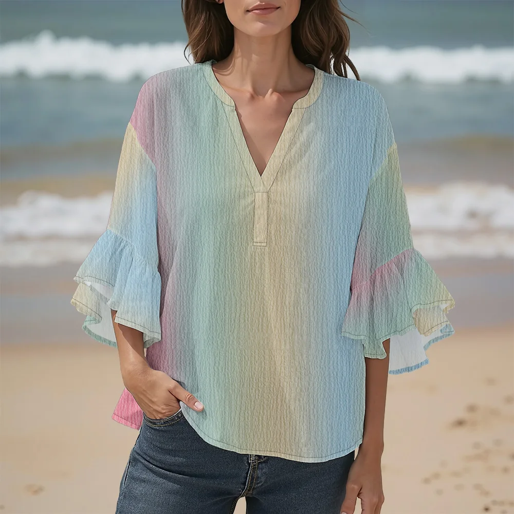 Women's Color Gradient V-Neck Flutter Sleeve Shirt Loose Fit Casual Beach Top Women Summer Holiday Blouse Rainbow-colored Top