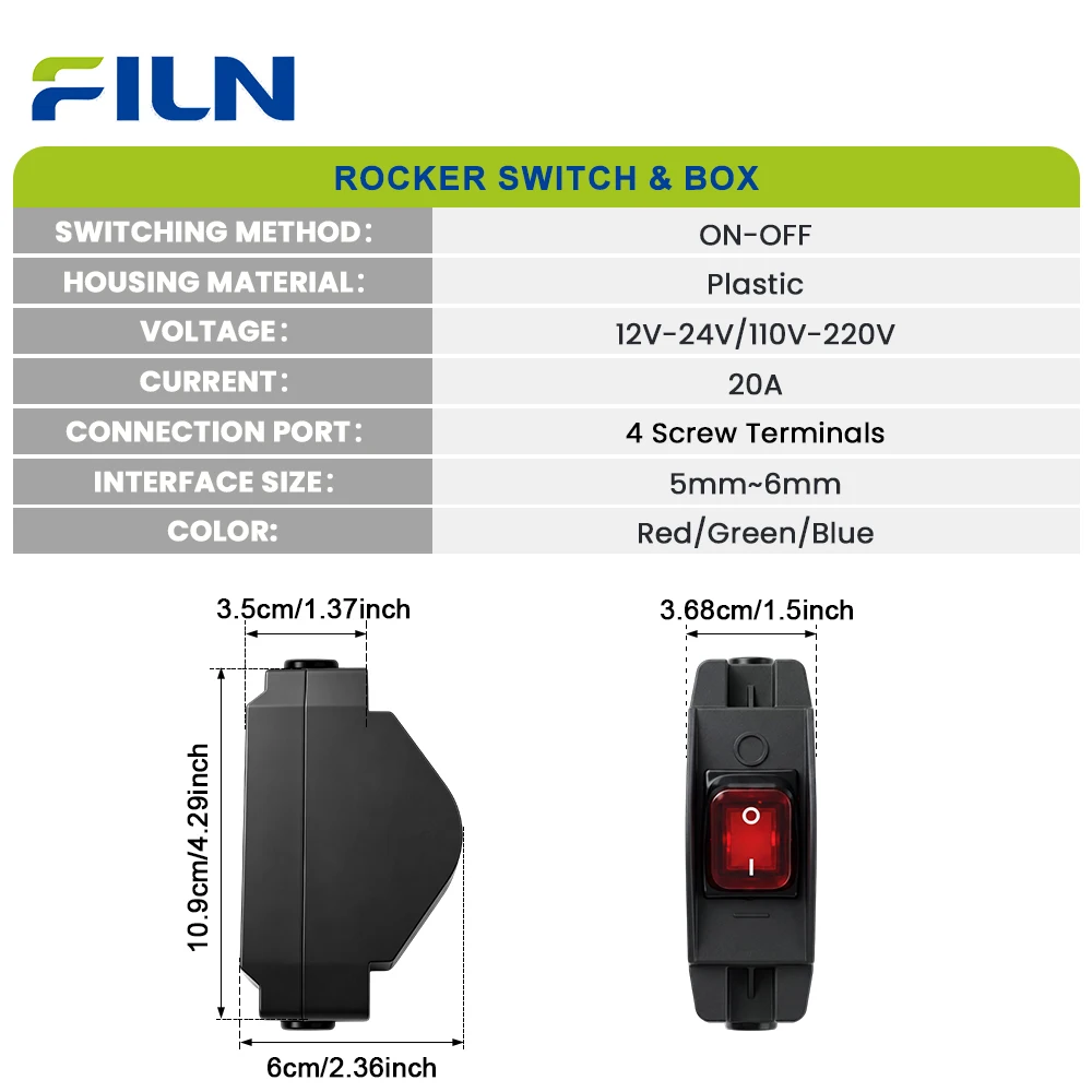 FILN 20A Heavy Duty Rocker Switch & Junction Box ON-OFF 12V-24V 110V-220V Soft LED Power Toggle Switch for Boat Marine Industria