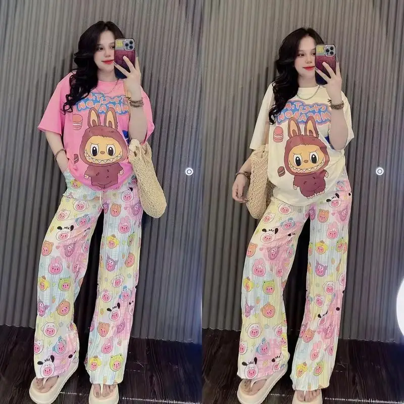 

Labubu T-Shirt And Pants Print Pink Cartoon Short Sleeved Shirt Casual Fashion 2pcs Set Kawaii Cute Woman Outdoor Clothing Gift