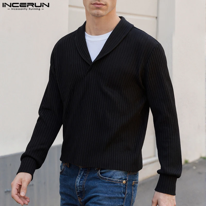 

INCERUN Men Sweater Solid Color Knitted Lapel Long Sleeve Male Pullovers Spring Autumn Streetwear Fashion Casual Men Clothing