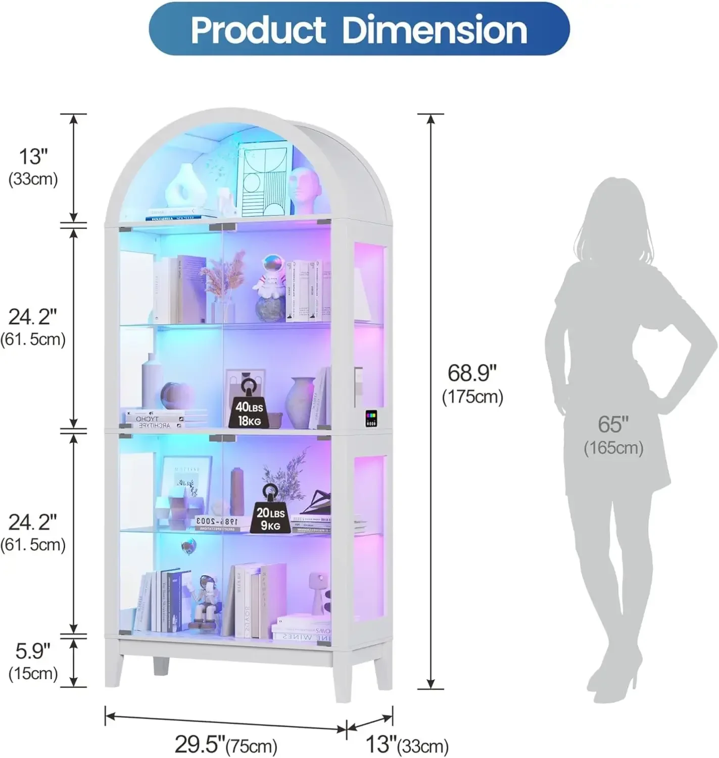 White 5 Tier 68.9 Inch Arched Curio Cabinet Glass Door Glass Shelves RGB Lights Motion Sensor Collectibles Display Storage Bookc