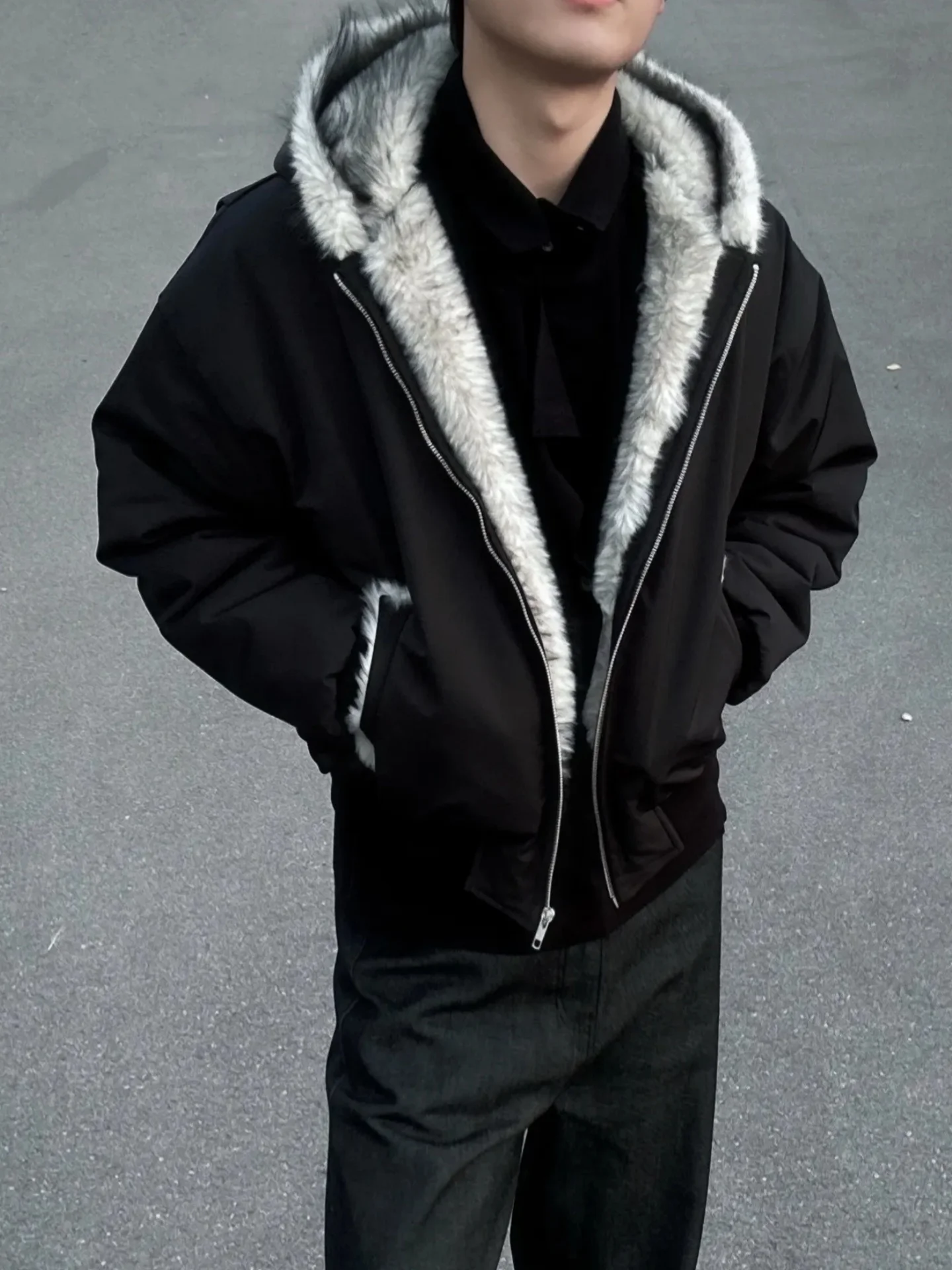 

Men's Heavyweight Hooded Jaet Winter Thiened Faux Fur Cotton Coat American Sle Youthful Warm Long Sve Zipper Closure