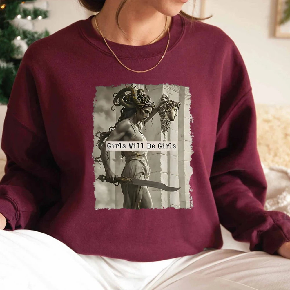 Vintage Girls Will Be Girls Sweatshirt Feminist Sweater Women's Empowerment Hoodies Casual Long Sleeve Pullover Feminism Hoodies