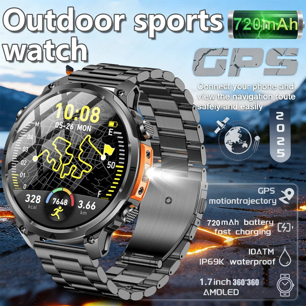 다오르코우 2025 신형 남성용 GPS 스마트워치 1.7인치 대화면 IPX8 방수 720mAh 대용량 배터리 스마트워치 720mAh 대용량 배터리