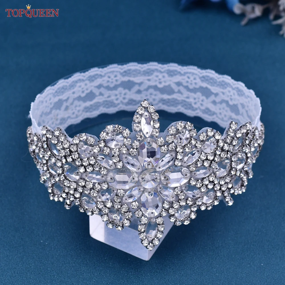 TOPQUEEN S01 pas do pończoch ślubnych Handmade elastyczna koronka aplikacja ze strasem Bridal podwiązka na nogę dla kobiet Bride udo uprząż pas