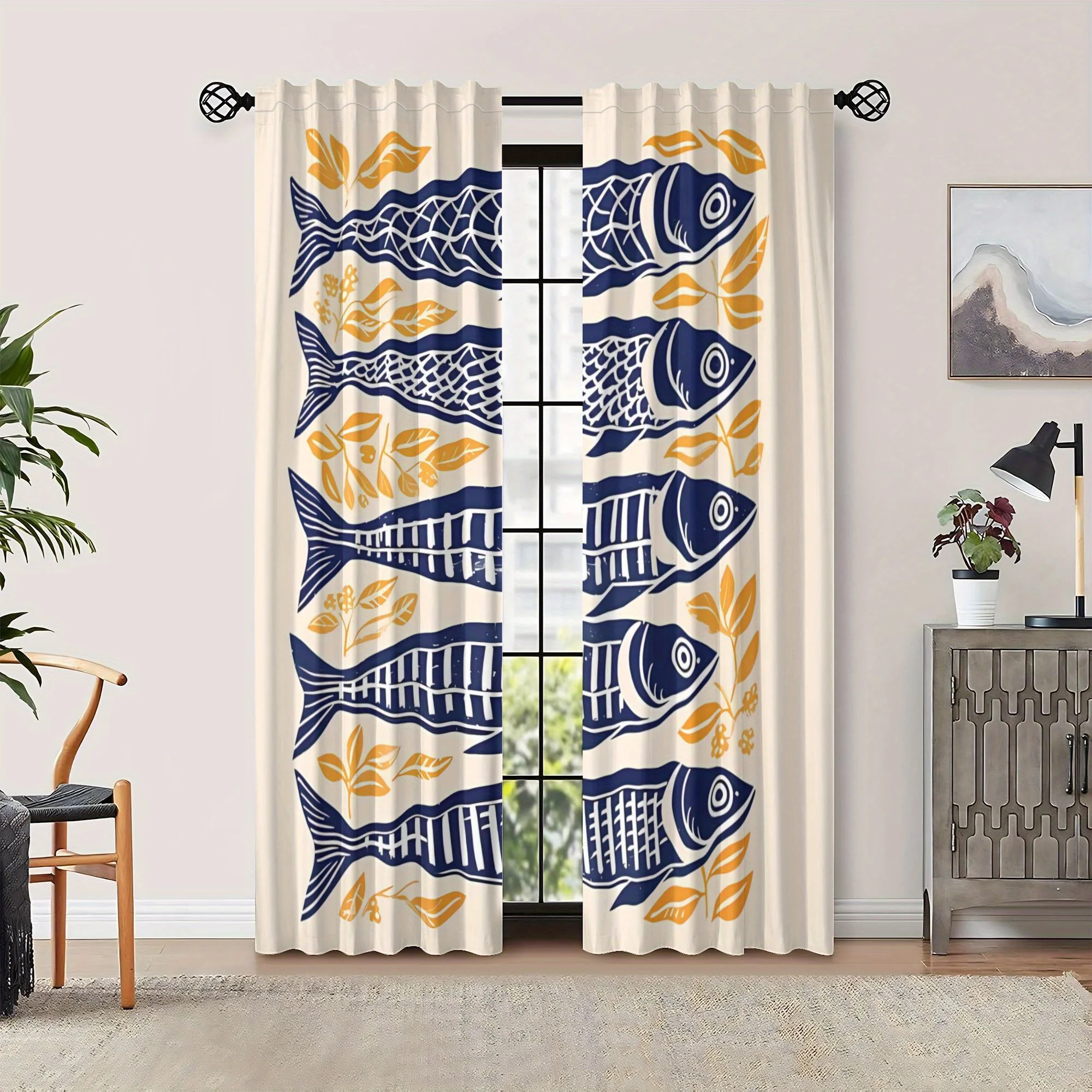 Nautical Fish Print Curtains Blue and Orange Pattern Window Curtain Panels Boho Living Room Bedroom Decor Drapery