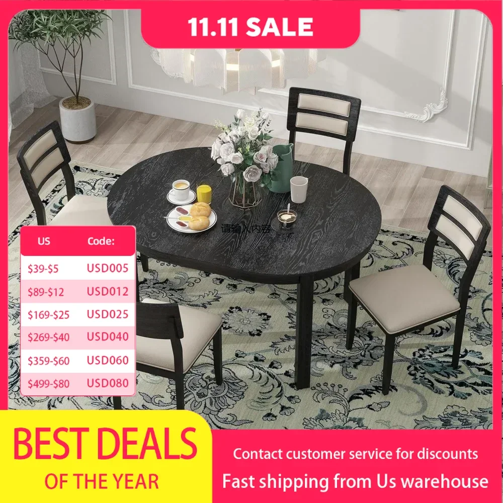 

Round dining table set for 4 people, 5-piece extendable kitchen table and chair set of 4 with 4 upholstered chairs and 2 drawers