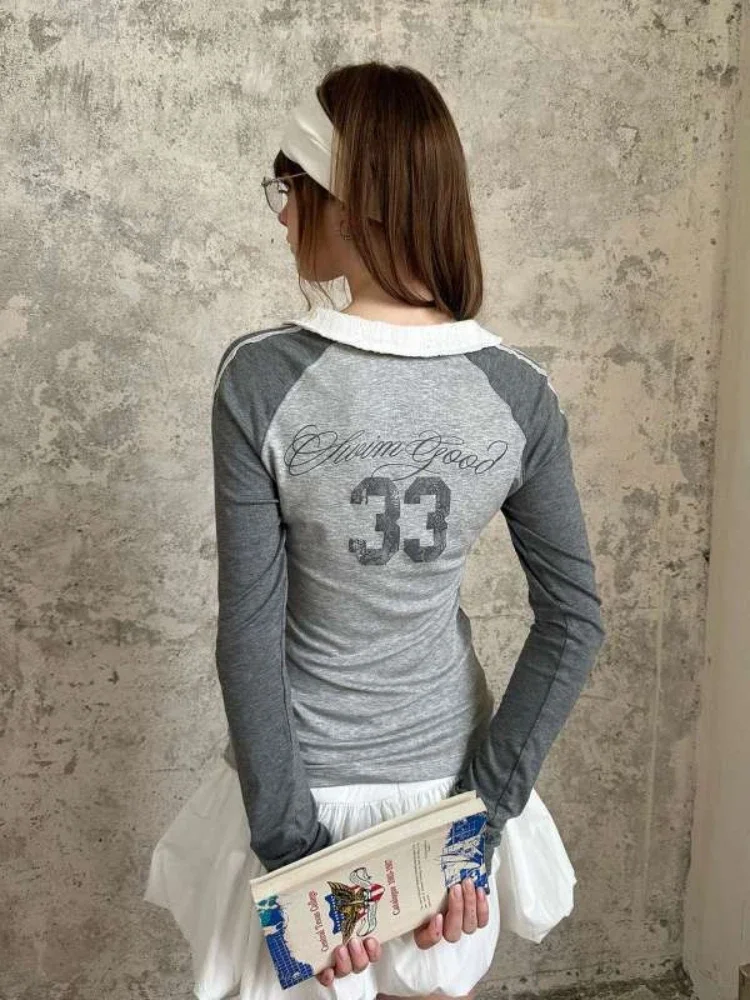 Korean Fashion Sports T-shirts Women Y2k Elegant Grey Coquette Top Preppy Style Blokecore Vintage Long Sleeve T-Shirts Aesthetic