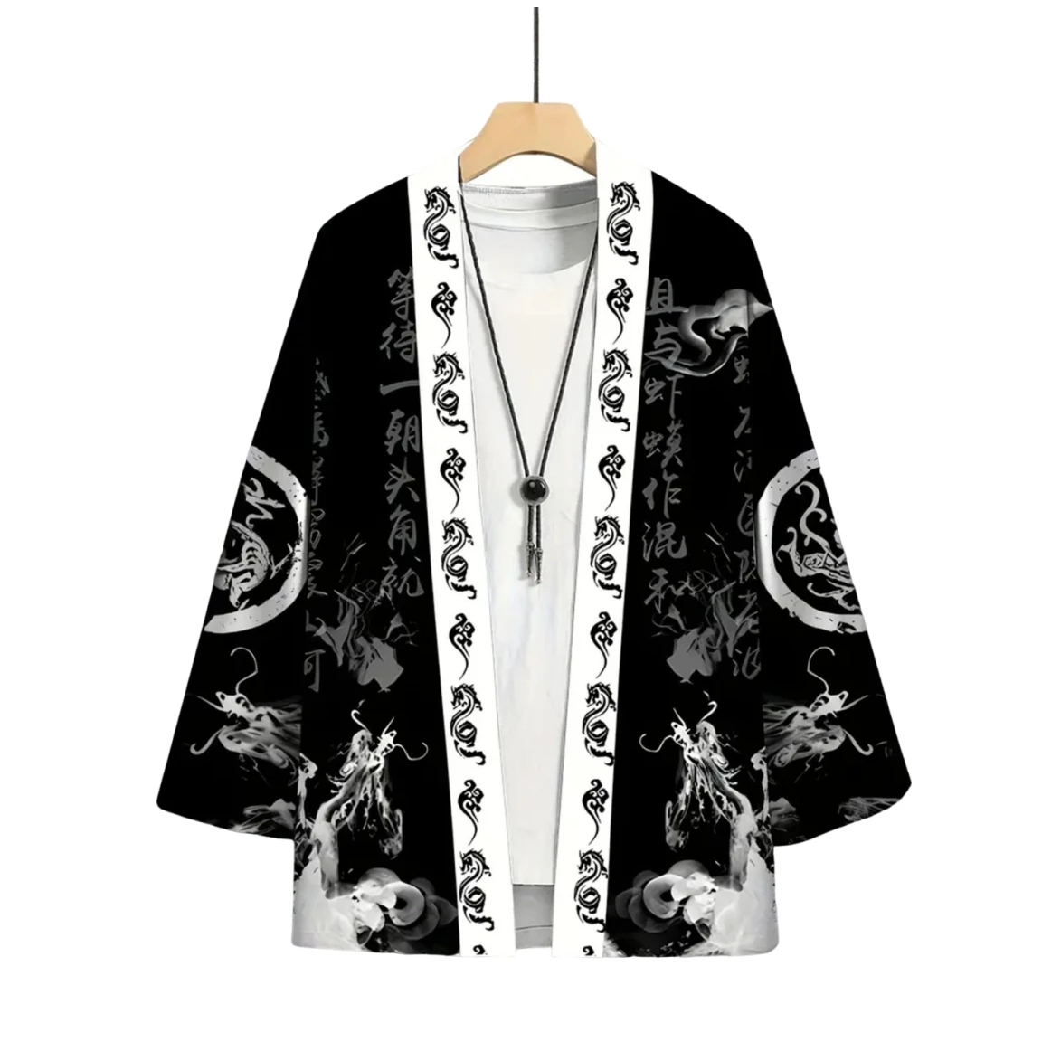 Men Japanese Kimono Black White Dragon and Cloud Pattern Open Front Cardigan Traditional Asian Streetwear Casual Haori for Summe
