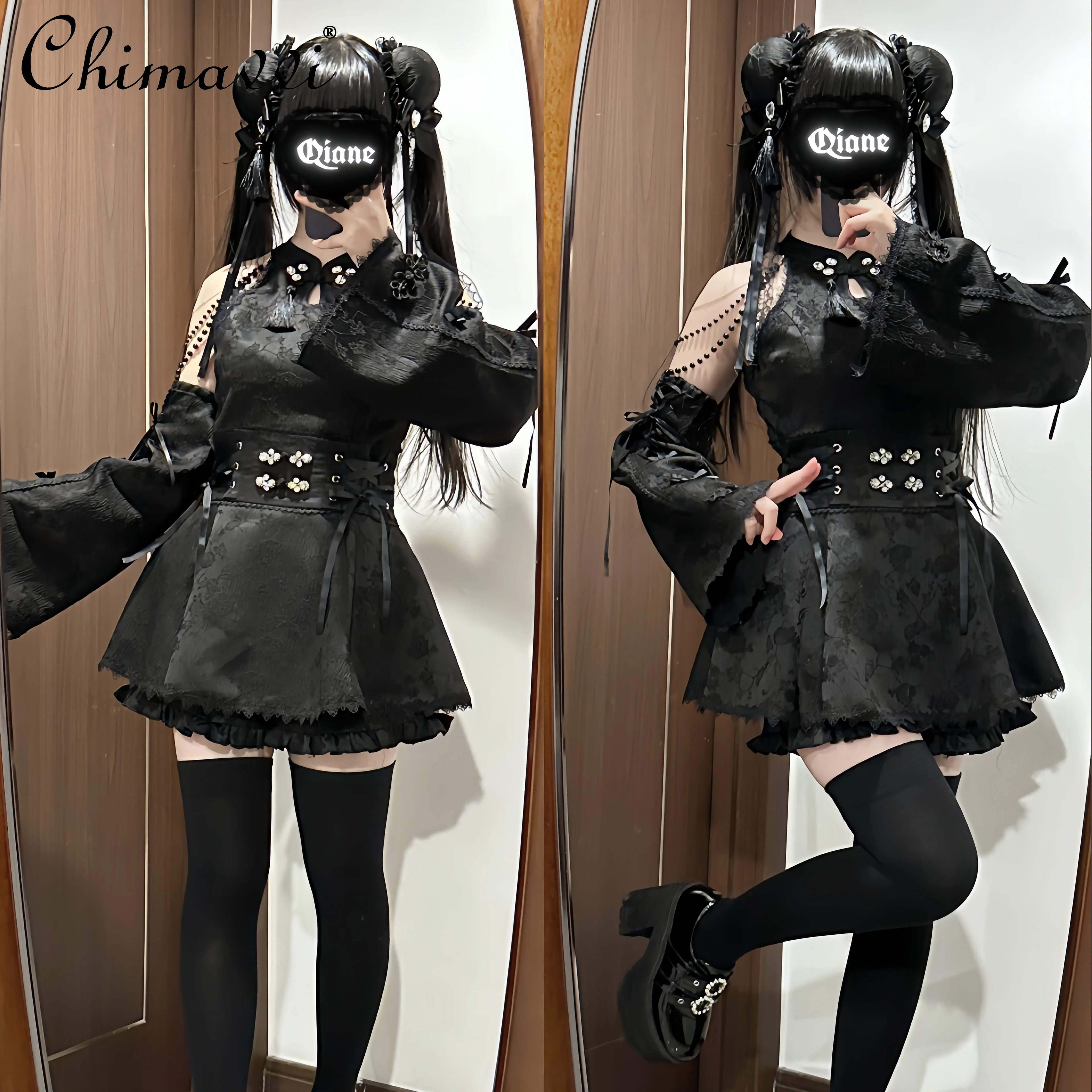 

Chinese Style Mine Mass Production Bead Dress Sets Lolita New Retro Printed Halter Top Shorts Two Piece Sets Womens Outifits
