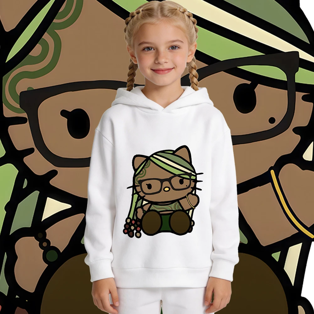 

Толстовка с флисовой подкладкой и принтом Hello Kitty Green Swag для мальчиков и девочек, теплый пуловер на осень-зиму, толстовка-свитшот