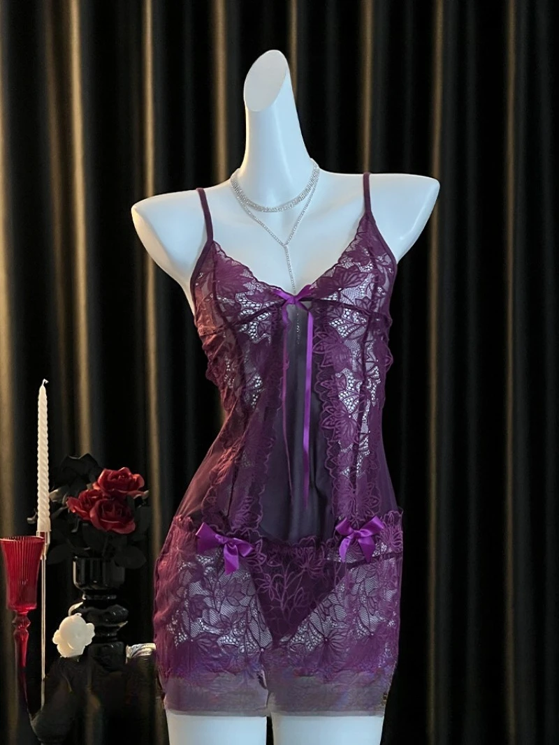 

Purple Seductive Lace Lace-up Nightgown with Feminine Charm,Seductive Romantic Date Halter Nightgown,Sexy Elegant Bedroom Wear