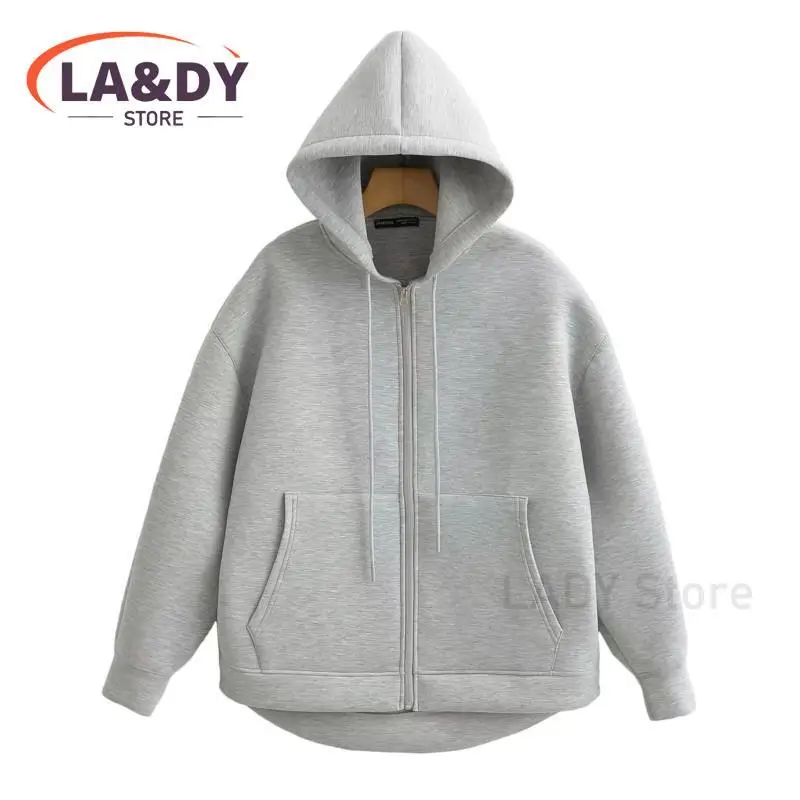 Jackets For Women 2024 Fashion Hooded Zip Loose Hoodie Coat Female Solid Color Casual Long Sleeve Pockets Outerwear Tops