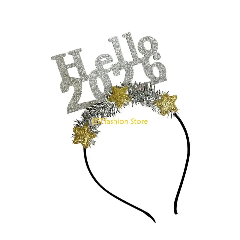 Y5GC 해피 뉴 이어 헤어 밴드 글리터 2026 년 헤어 후프 축제 이벤트 파티 사진 소품 헤드 피스를위한 편안한 모자를 쓰고 있죠