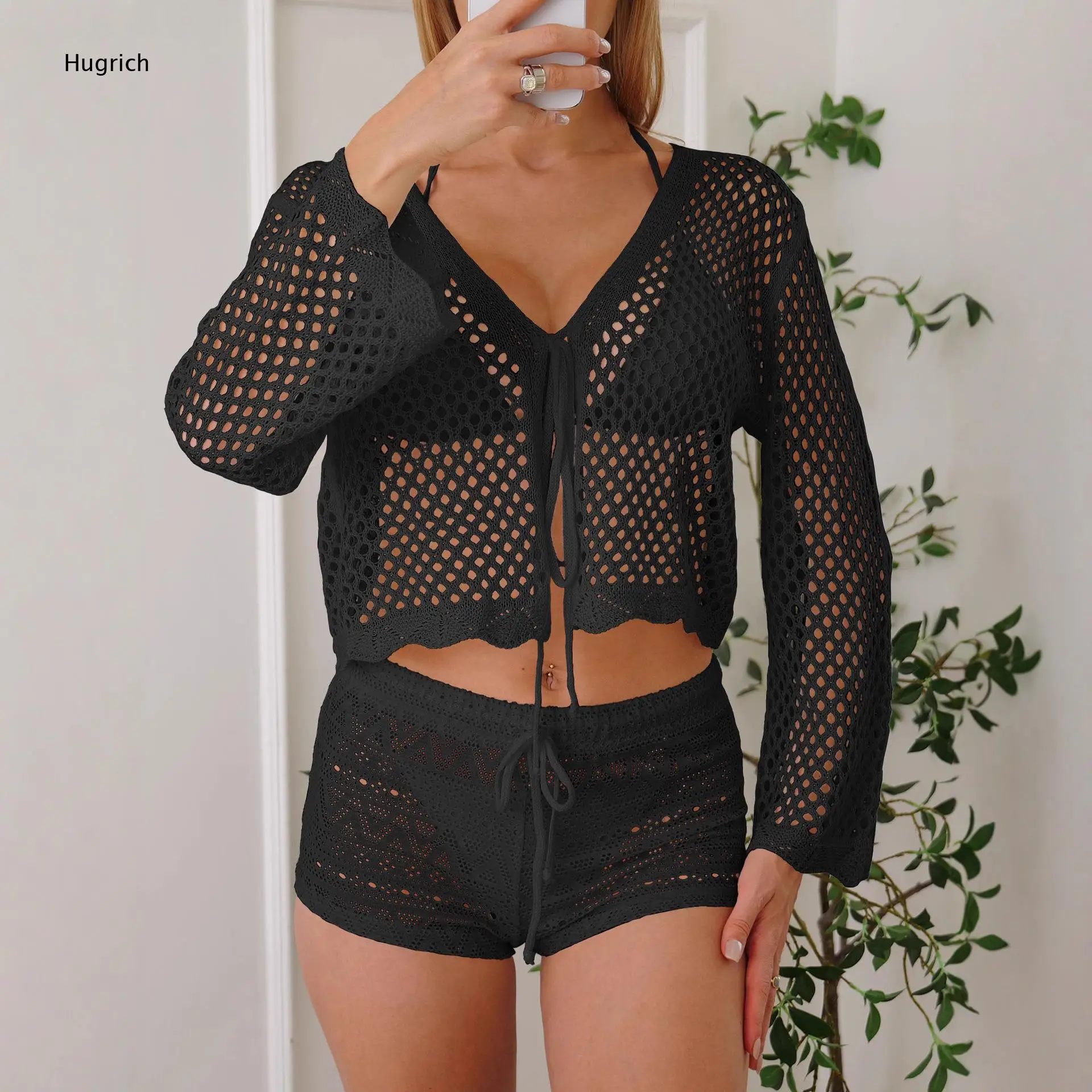 Ladies White Crochet Mesh Knit Beach Suit Long Flare Sleeve Tie Front Cardigan Drawstring Elastic Waist Shorts Vacation Cover Up