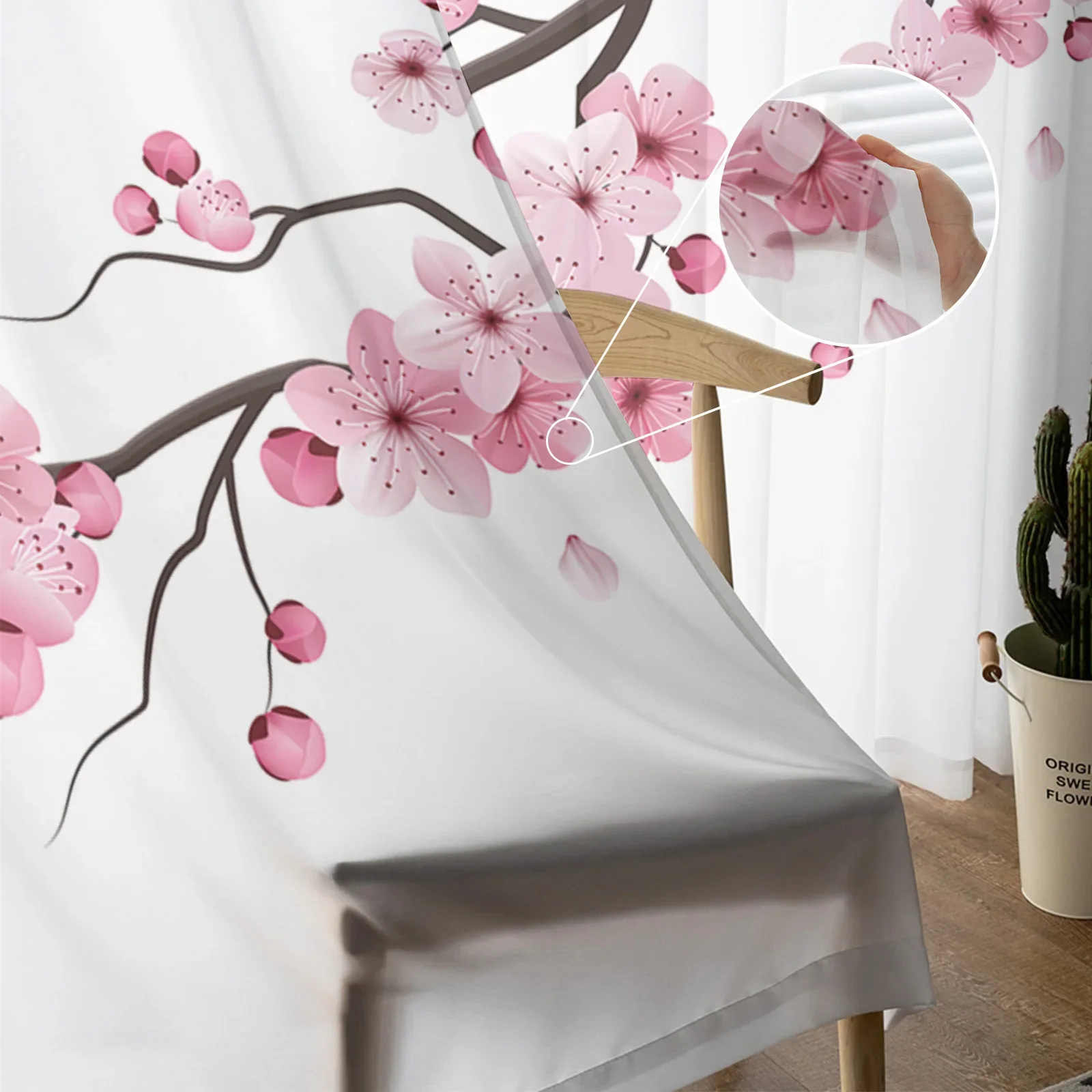 Japanese Pink Flower Cherry Blossom White Sheer Curtains for Living Room Tulle for Windows Voile Yarn Short Bedroom Curtains