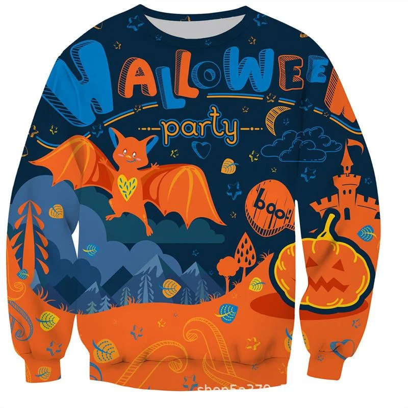 3D Printed Halloween Pumpkin Sweater Men Cartoon Bat Spider Pattern Pullovers Long Sleeves Autumn Casual Round Neck Sweatshirt